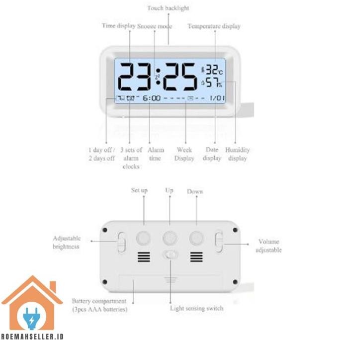 

Jam Alarm Pintar LED Backlight Kontrol Sentuh Tampilan Jam Tanggal Hari Suhu Kelembapan Setting 3 Jadwal Alarm Control Touch Screen Jam Weker Yang Dioperasikan Dengan Baterai Jam Meja Weather Snooze Clock LC
