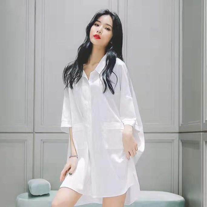 terbaru piyama baju tidur putih kemeja dress panjang sexy bahan chiffon