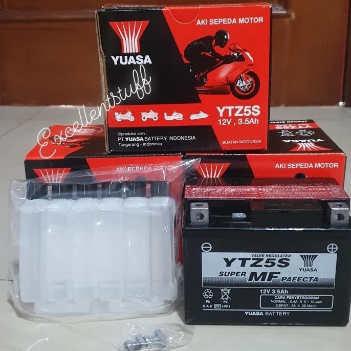 aki motor yuasa ytz5s 100% original untuk revo, beat, supra, mio dll asli