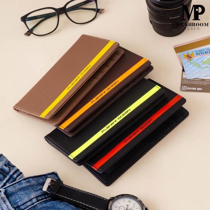 Siap Kirim PLANET OCEAN Dompet Kartu Lipat Panjang Pria Bahan Sintetis List Warna - PO20