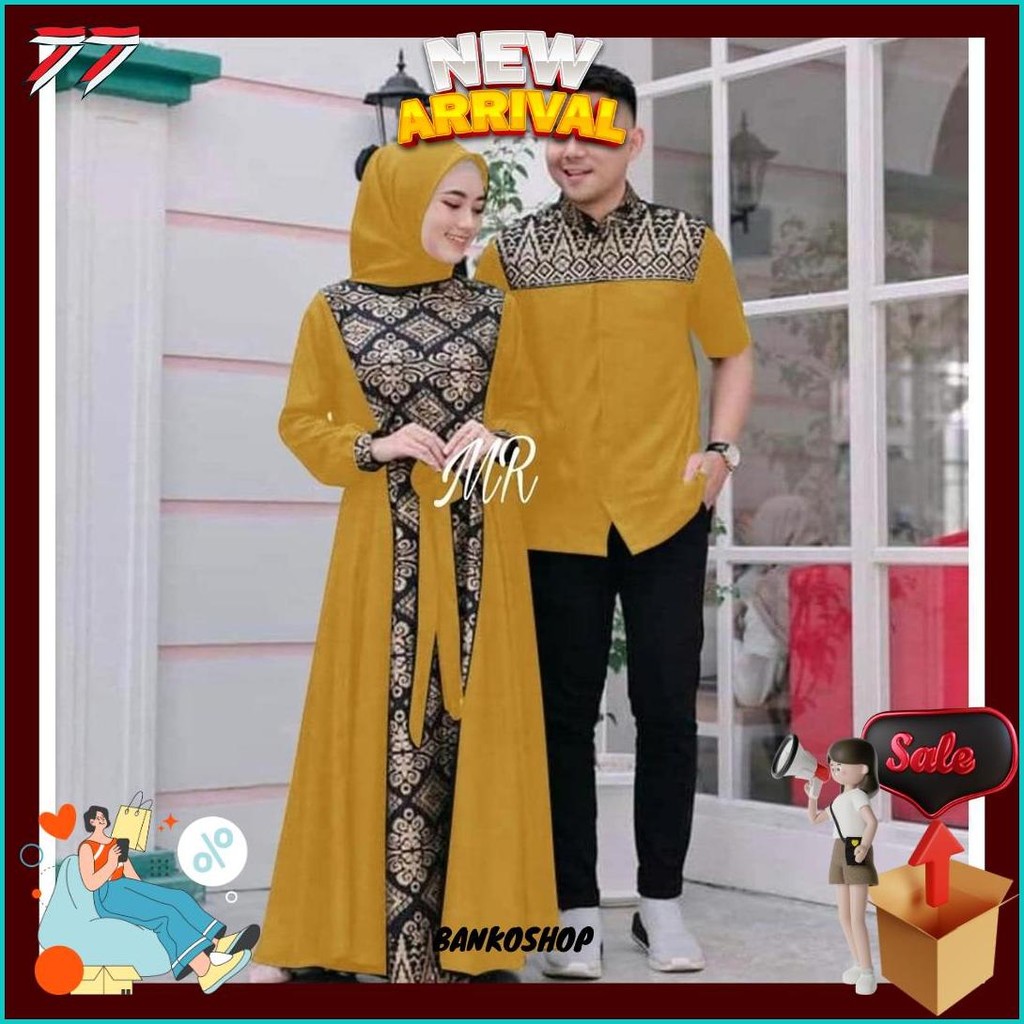 Gamis Batik Kombinasi Polos Terbaru 2022 Modern Couple Baju Muslim Pasangan Berkualitas Murah Busana
