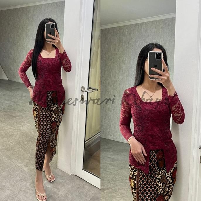 Kebaya Bali Set/Kebaya Bali Panjang Maroon Rok Kuning DS