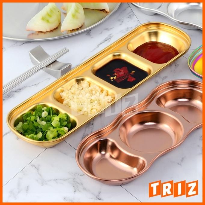 

sauce dish piring tempat saos bumbu kecap stainless gold 3 / 4 divider termurah