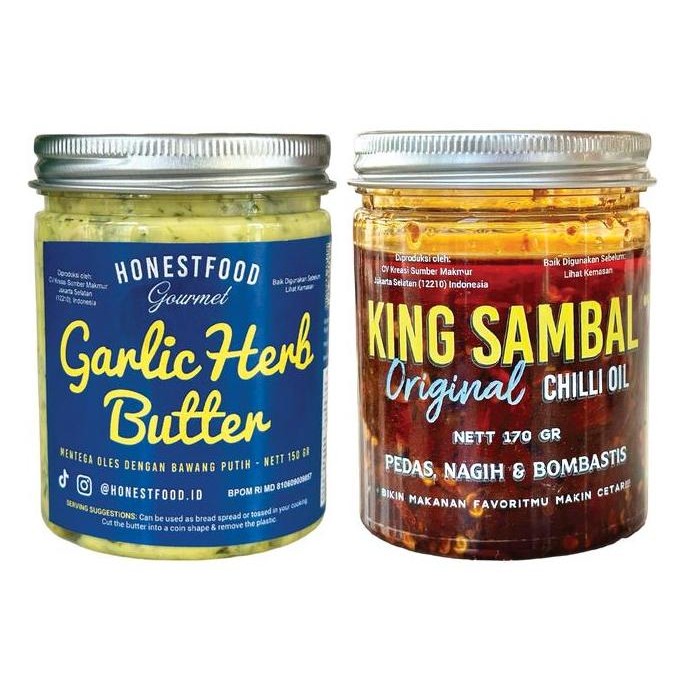 

honestfood garlic butter & king sambal chilli oil bundling - mentega bawang putih & sambal bawang gurih pedas, saus masakan spicy, bahan chili botol manis makanan sauce instan, saos pasta, saus pedas, garlic bread green kecap kedelai asin termurah