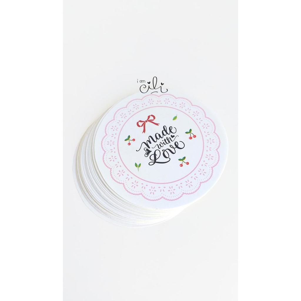 

#####] (SN15) stiker made with love lace untuk toples paperbag kotak box diameter 8cm (isi 32 stiker)