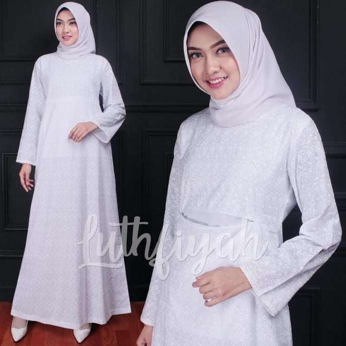 Gamis Putih Umroh Haji Model Kantong Doremon Katun Polos Bunga Hitam Putih Muslim Panjang Wanita Baj