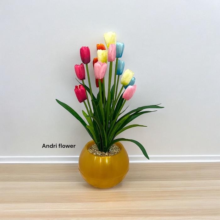 Bunga Hias Artificial Bunga Tulip 15 Kuntum Set Pot Viena Bunga Pelastik