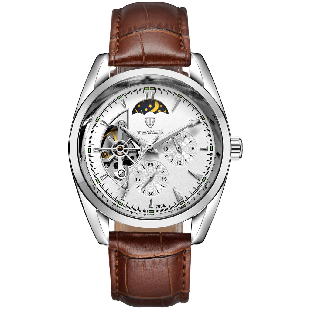 TEVISE Fashion Automatic Mechanical Watch for Men Leather Strap Skeleton Watch Luminous Casual