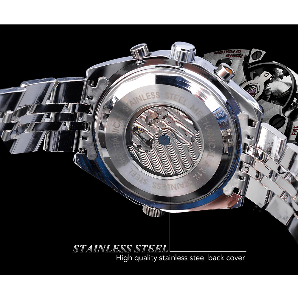 Jaragar Blue Glass Design Black Silver Automatic Mechanical Watches Week Date Display Clock Luminous