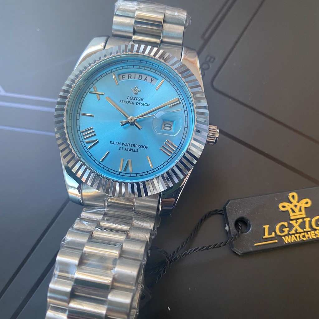 LGXIGE Sky Blue Watch of Men 40mm Day Date Retro Quartz Wristwatches Top Brand Luxury Male Wrist