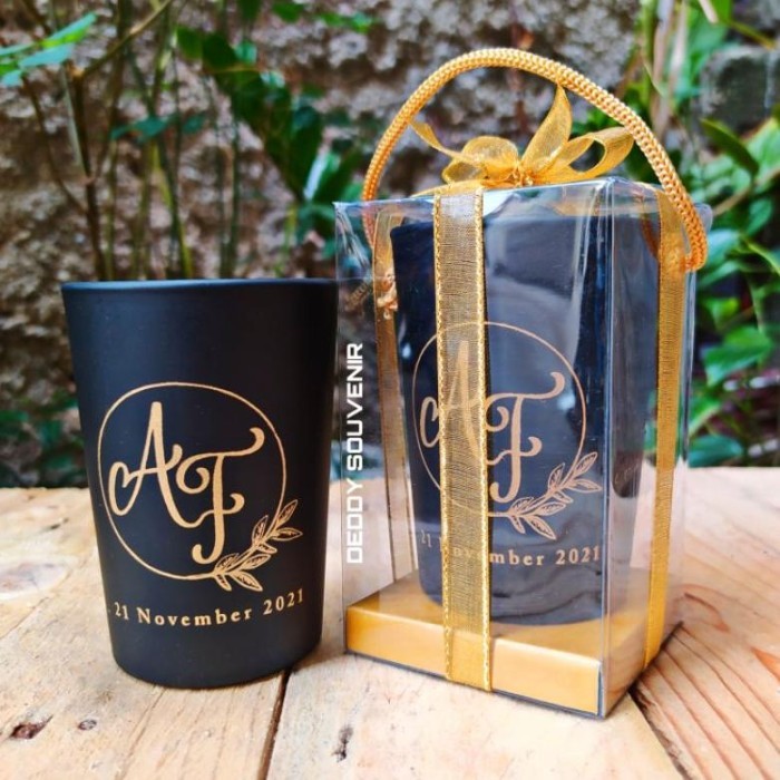 Souvenir Gelas Lu Hitam Doff Kemas Mika Sablon Nama Silahkan Diorder