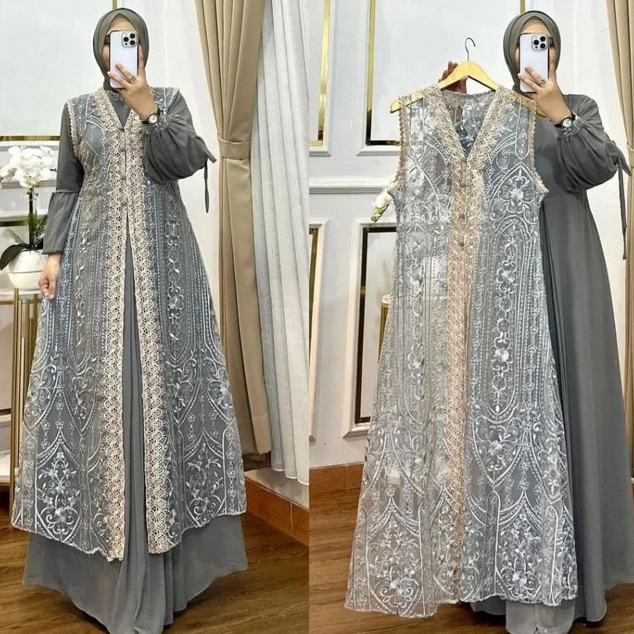 fsd-34 Gamis Dress Muslim Brokat Wanita Kekinian Inner Outer Terbaru 2024 Baju Pesta Kondangan Mewah