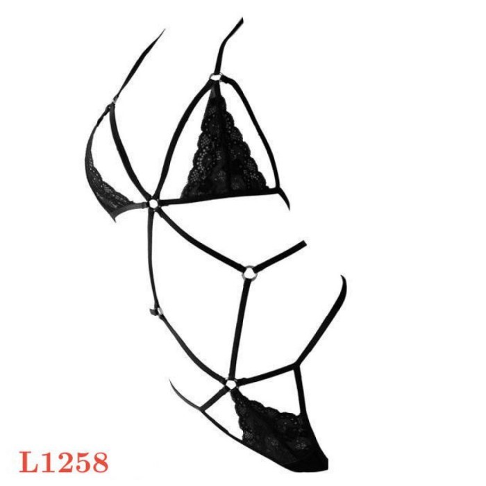 L1258 Baju Tidur Haram Sexy Teddy Bodysuit Halter Lace Hitam Bh Cd Hot