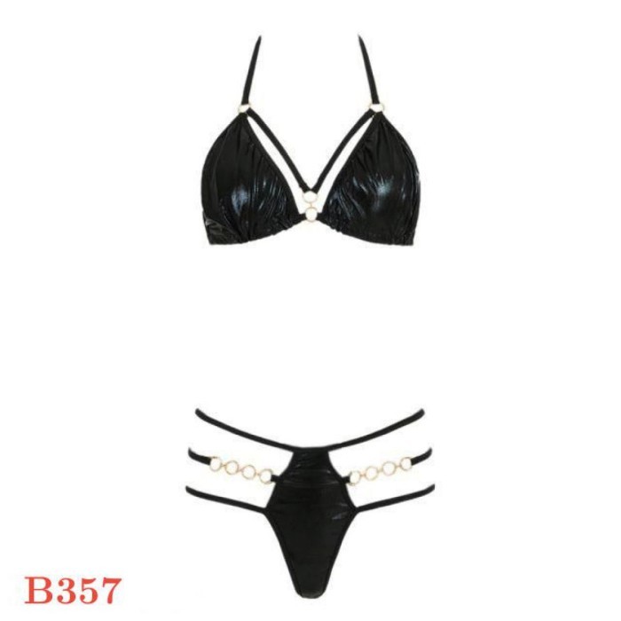B357 Bra Set Sexy Bikini Bralette Halter Hitam Latex Ring Gold Hot