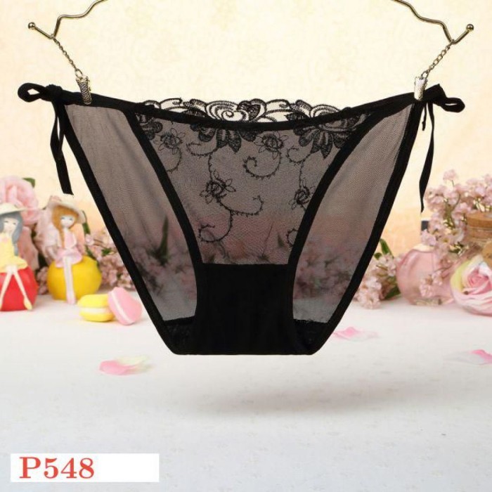 P548 Celana Dalam Wanita Sexy Panties Thong Hitam Bordir Bunga Hitam