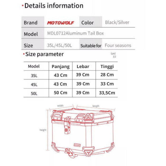 Motowolf Top Box Motor Touring Box Pannier Motor Alumunium Alloy