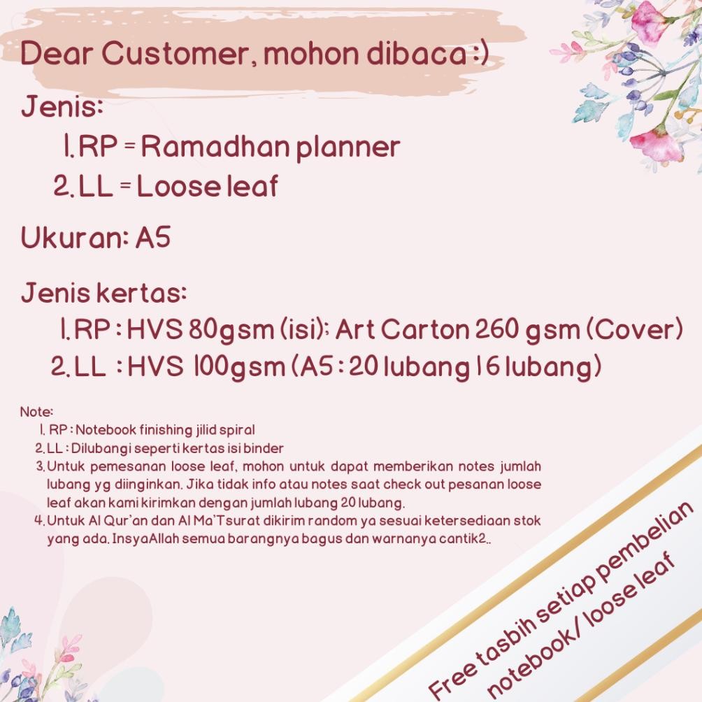 

TERMURAH [RP 1.0] Agenda Ramadhan | Notebook | Loose Leaf Ramadhan Daily Planner - RANDOM untuk Al Qur'an & Al Ma'Tsurat an-139