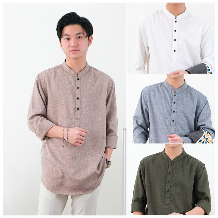 IA501 Baju Koko Pria Polos Kemeja Muslim Dewasa Lengan Panjang Katun Madinah TERBARU