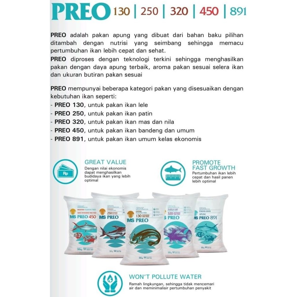 PREO 320 Pelet Pakan Ikan Gurami, Nila, Lele, Patin, Bandeng, Mas, Mujaer Ikan Ternak MS Matahari