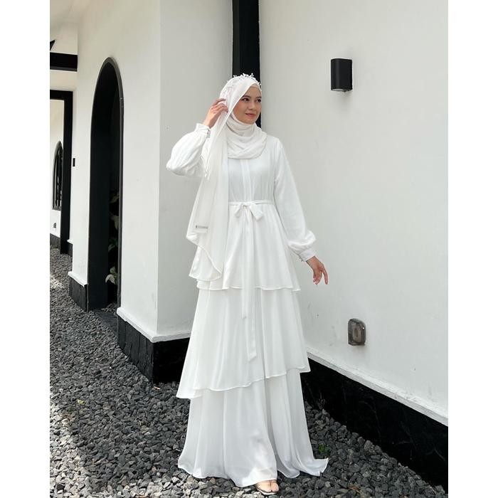 Elmiza - Maureen Dress - Dress Wanita Muslim Premium Ceruty Baby Doll L Putih - Hitam Gaun
