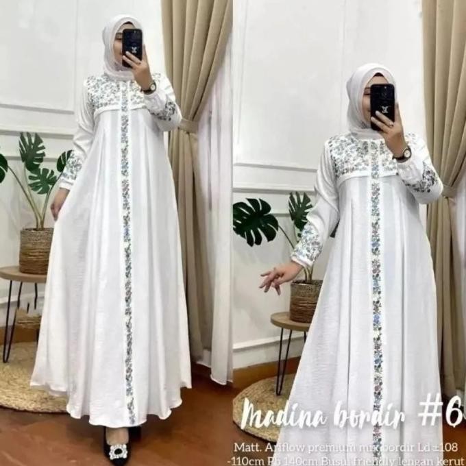 Baju Gamis Putih Wanita Crinkle Baju Umroh Haji Lebaran Madina Terlaris