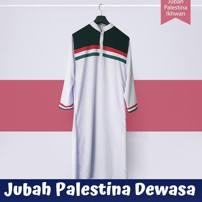Gamis Jubah Palestina putih pria dewasa lengan panjang fashion muslim pakaian perlengkapan sholat