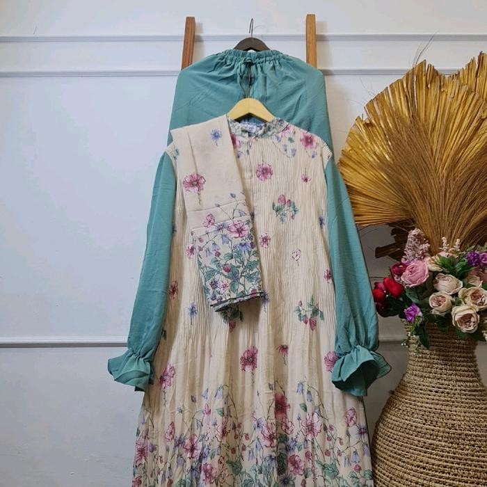 SETELAN QUENZA CELANA PLISKET JUMBO BUNGA CERUTY MOTIF MUSLIM WANITA PANJANG BAJU