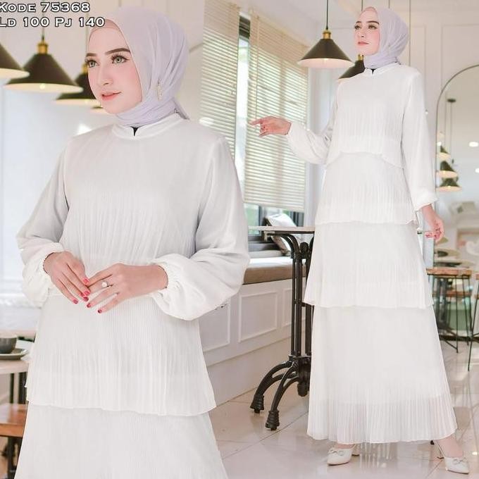 Gamis Ceruty Plisket Rempel Putih Polos Gaun Muslim Vima 75368 Promo