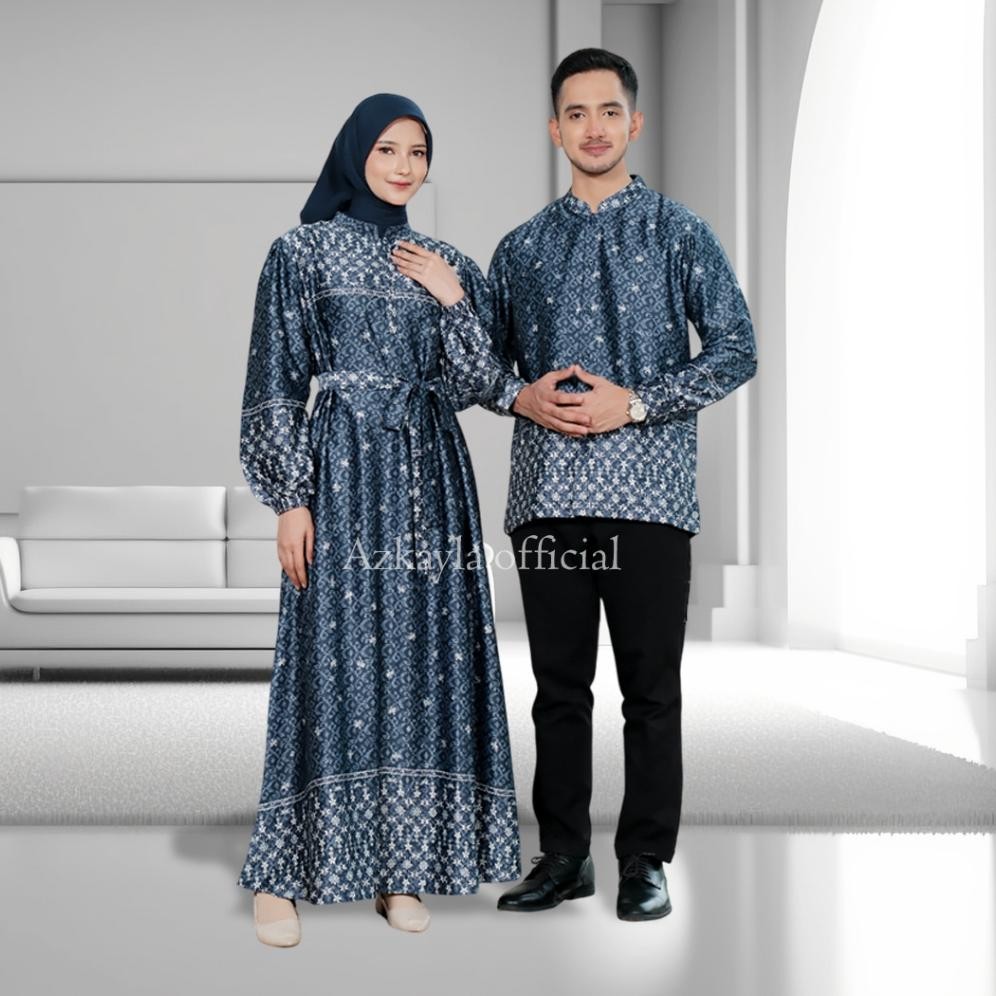 CR - Azkayla - Baju Couple Pasangan Muslim Gamis Kemeja Koko Motif Lebaran Terbaru 2025 Silk Premium