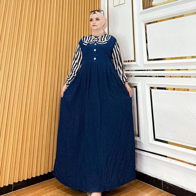 Gamis Polos Kombinasi Salur | Gamis Bahan Rayon Adem Busui Terbaru Untuk Kondangan Terlaris