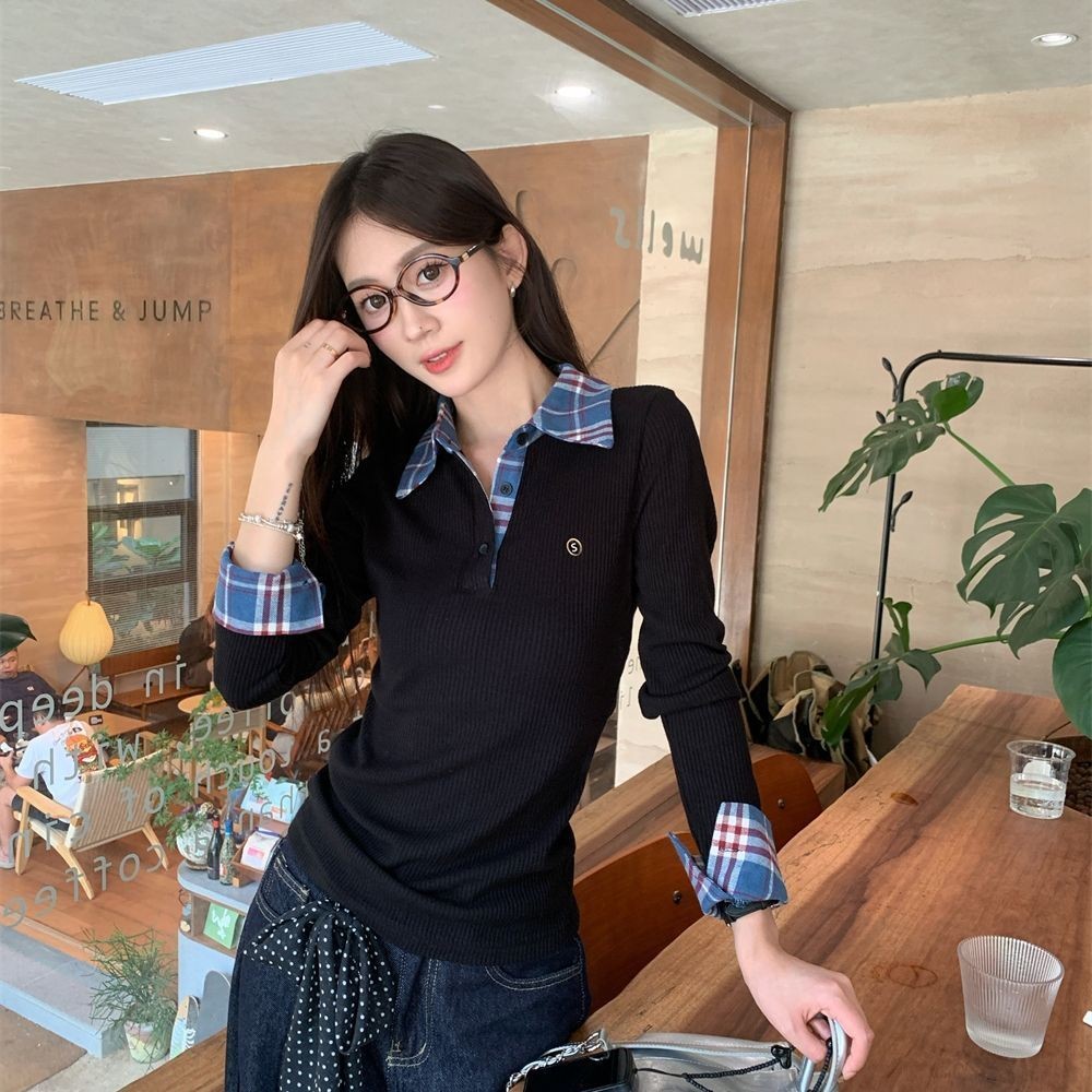 SENYOUMAI Kemeja Dasar Warna Kontras Kotak-Kotak Modis POLO Sweater Wanita Pullover Lengan Panjang