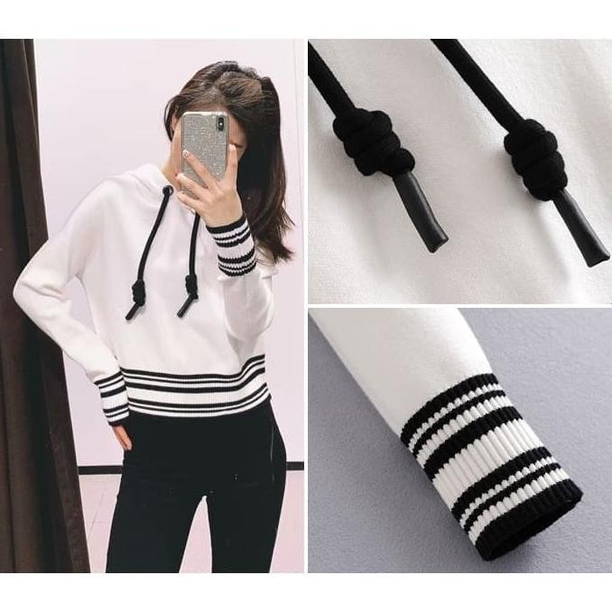 Sale Ab452146 Crop Sweater Hoodie Rajut Wanita Korea Import Hitam Putih