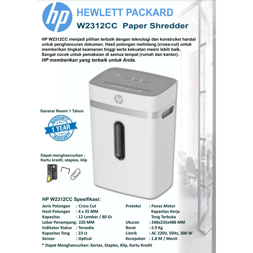 

HP 2312, Penghancur Kertas - Paper Shredder (Hewlett Packard), Kapasitas 12 lembar 23 Ltr, HP