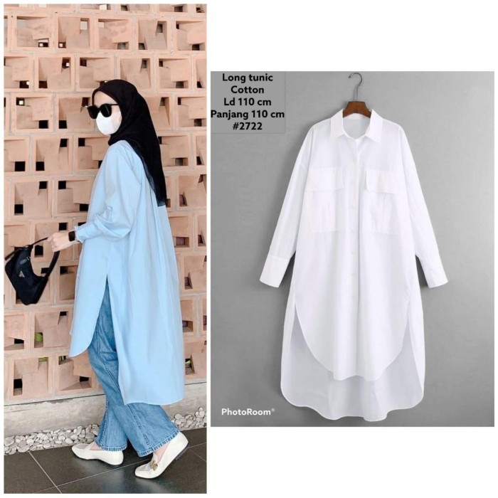 Promo Long Tunik Katun Polos Ld 110 Pj 110 Putih Dan Biru Terlaris