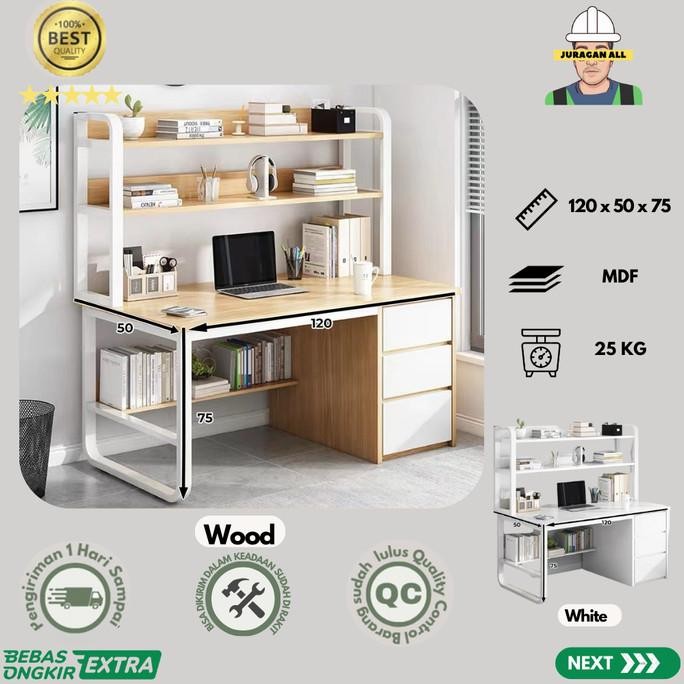 Meja Kerja Minimalis/Meja Kantor Laci/Meja Belajar/Meja Komputer 120Cm + Rak Atas - Wood