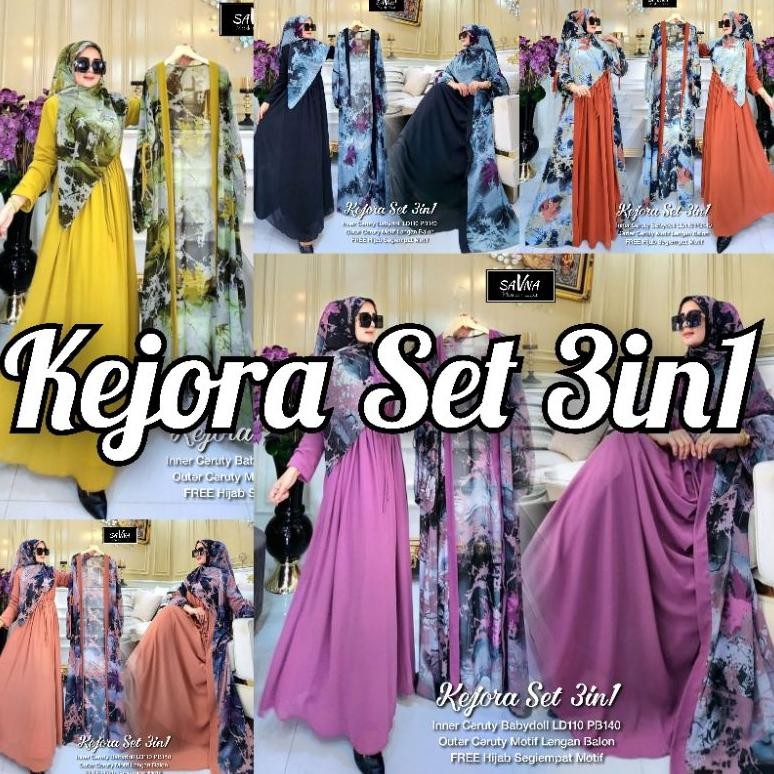 KEJORA SET 3IN1 LD110 & LD120 (LABEL SAVNA) | SET GAMIS OUTER FREE HIJAB BAHAN CERUTY MOTIF VIRAL KE
