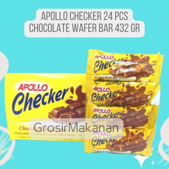 

Cemilan Apollo Checker / Chocolate Wafer Bar Isi 24 pcs / 432 gr Halal
