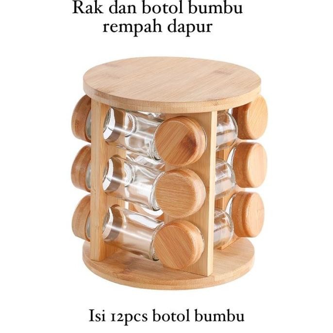 [MS] Rak Kayu dan Botol Bumbu kaca Dapur Rak Putar Bumbu Spice Carousel 12 Jar Rotating