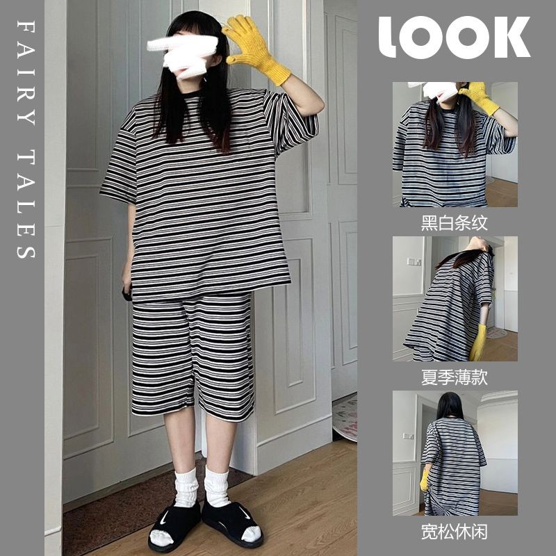 Lazy night Piyama Wanita Gaya Baru Lengan Pendek Celana Pendek Bergaris Longgar Pakaian Rumah Setela
