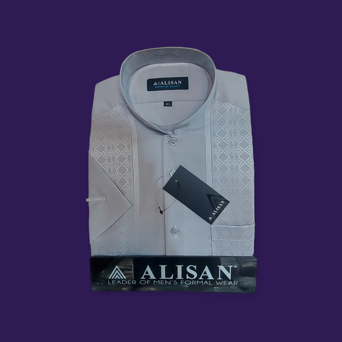 Kemeja Alisan Koko Bordir Abu Muda / Abu Silver Lengan Pendek {TerlarisBest Seller}