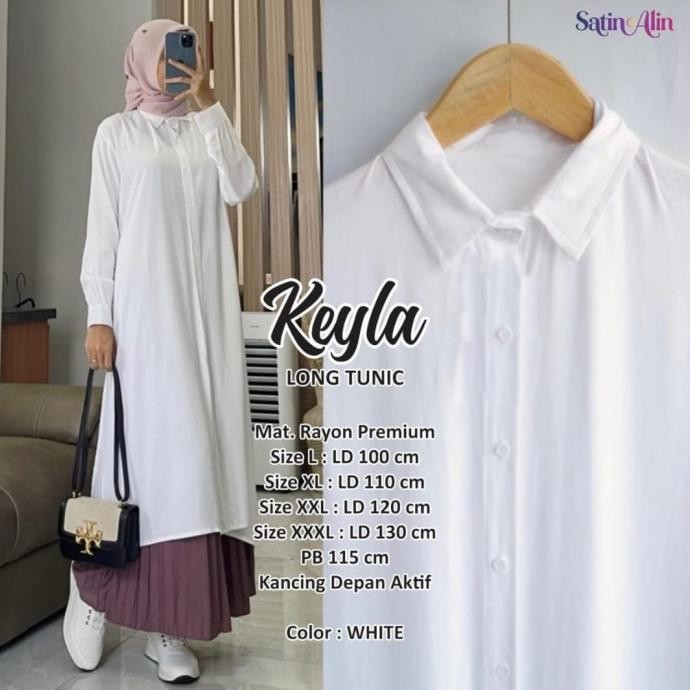 Keyla Long Tunik Putih White Rayon Premium Busui Original Realpict Size L-XXXL