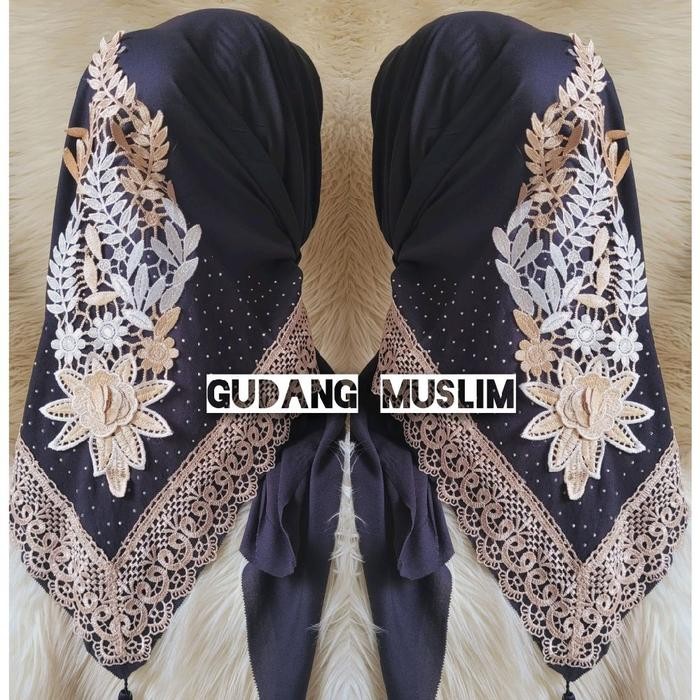 Hijab Segi Empat Renda Payet Bunga Mewah Kerudung Voal Muslim Square Printing