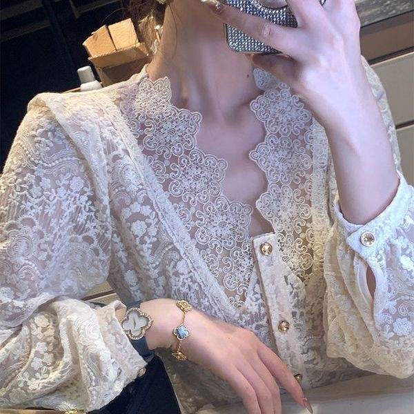 V Kemeja Sifon Lengan Puff Berongga, Kemeja Lengan Sifon Gaya Korea Kerah Sederhana