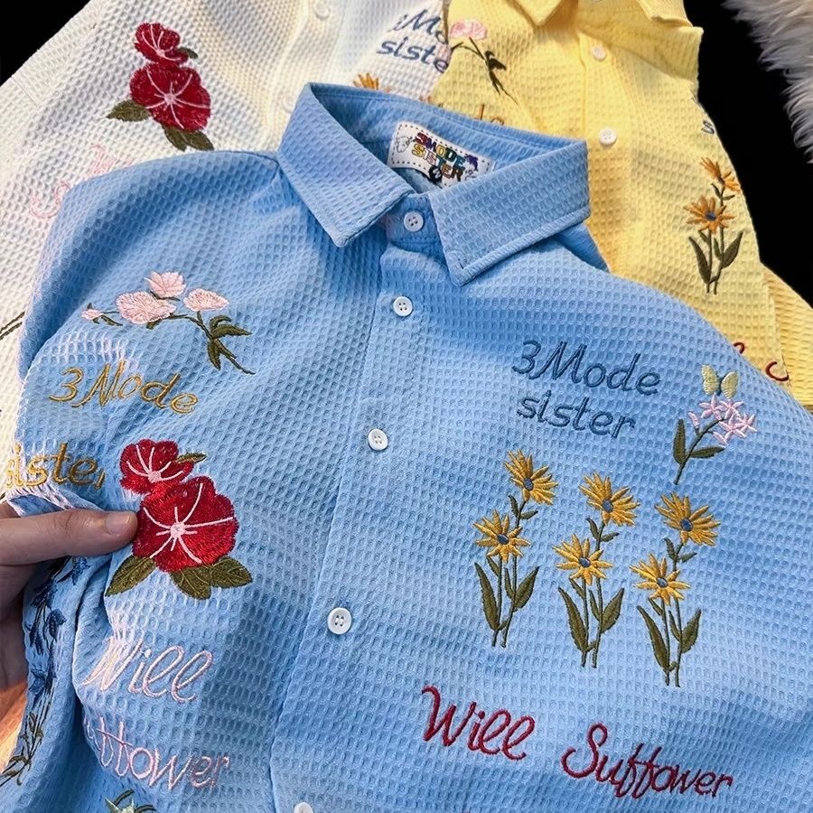 Waffle Embroidered Floral Shirt for Men