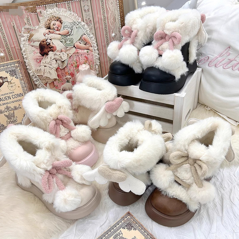 Cute Furry Lolita Shoes Winter Lolita Girls' Snow Boots JK Small Leather Shoes