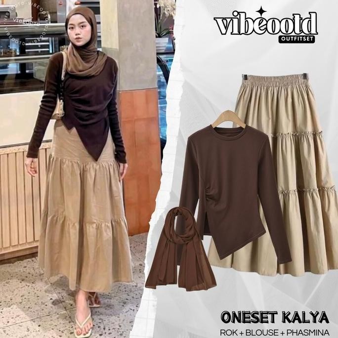 Kalya Outfit Set Wanita Hijab ( Bawahan Skirt Rok Susun Rempel + Atasan Blouse Knit Rib + Pashmina O