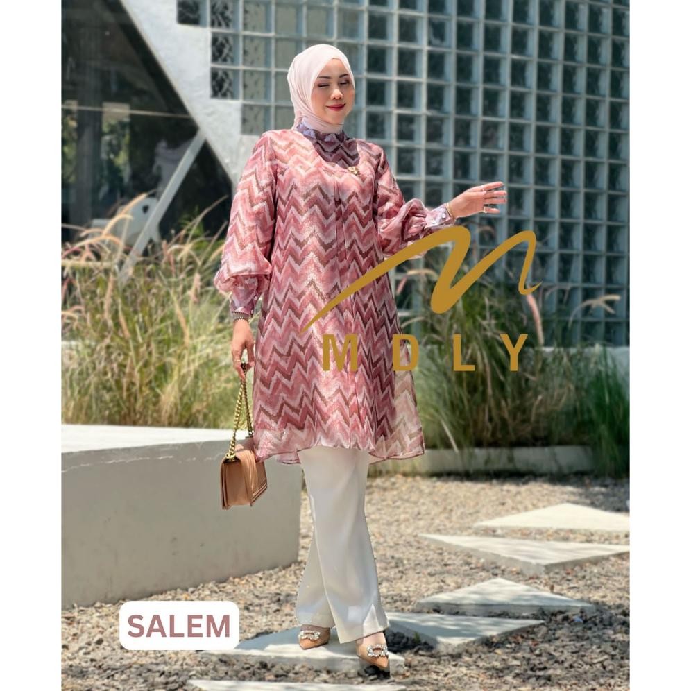 BERKUALITAS MDLY BAJU KEMEJA ATASAN WANITA MUSLIM/LONG TUNIK MOTIF PREMIUM/ORGANZA PRINT/SIENNA TUNI