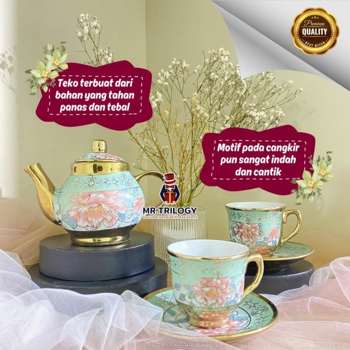 New MODERN Hampers Set Cangkir Teh LENGKAP Teko Tatakan Tea Pot Keramik Souvenir g Gelas Eropa Lebar