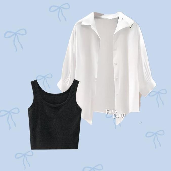 1 Set Korean Style (Kemeja, Celana Jeans, Tanktop) One Set Wanita Hijab Ootd Rajut Stripe - Kk149 At