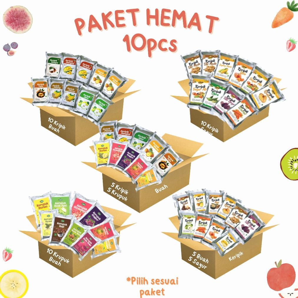 

Fiona Paket Hemat 10 pcs Keripik dan Kerupuk Buah Apel Nangka Salak Durian Anggur Strawberry 50gram